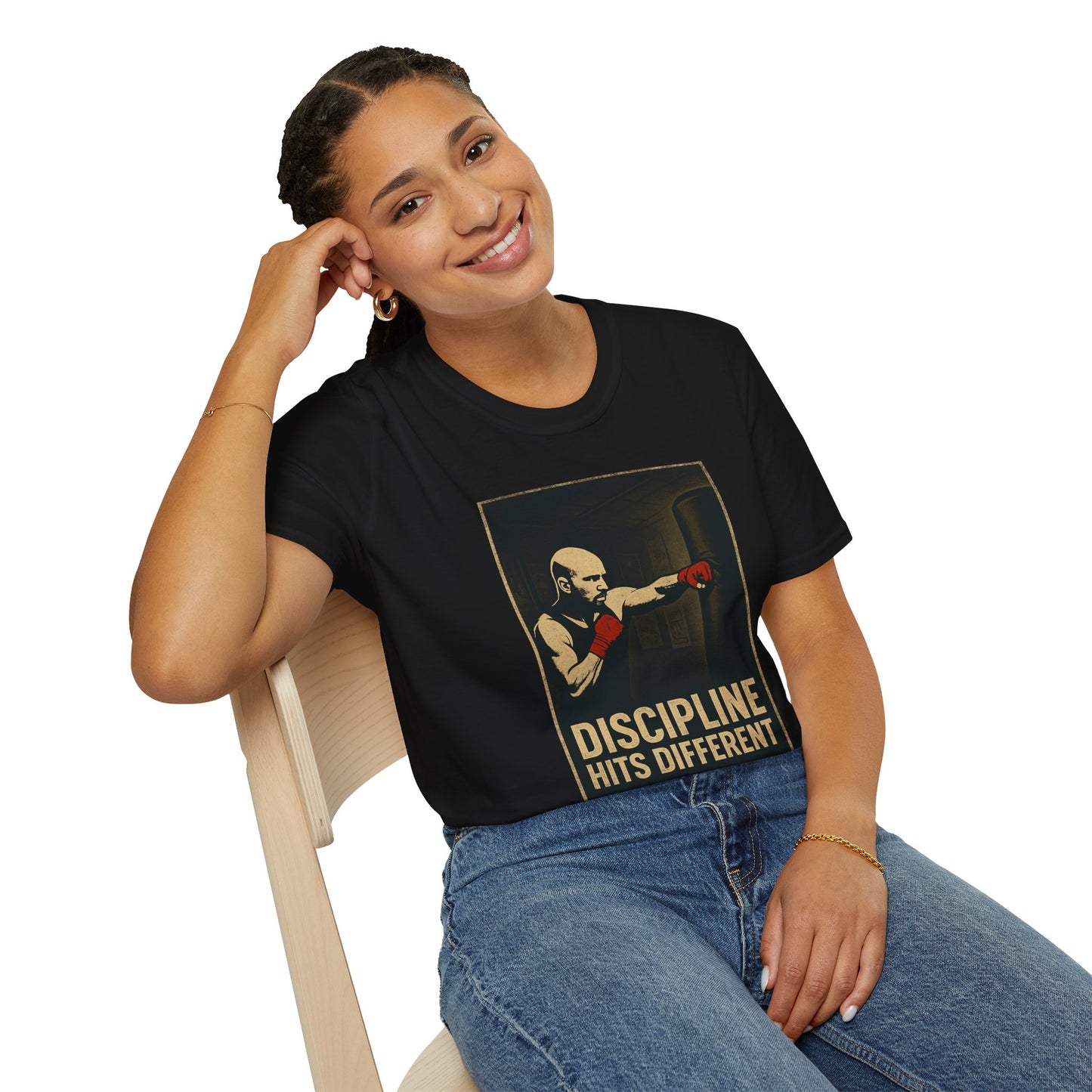 Motivational Unisex Softstyle T-Shirt - 'Discipline Hits Different' - with a Jab