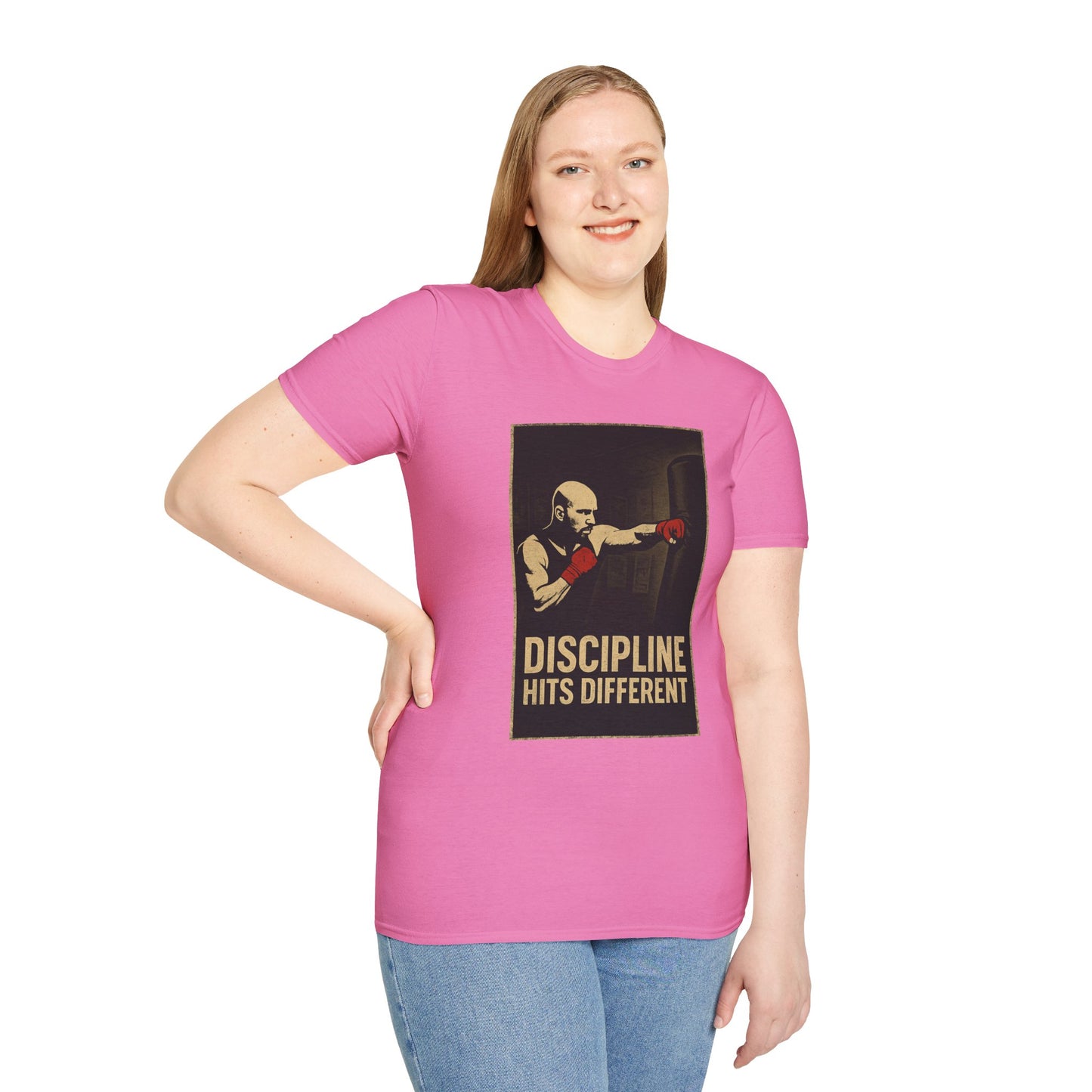 Motivational Unisex Softstyle T-Shirt - 'Discipline Hits Different' - with a Jab