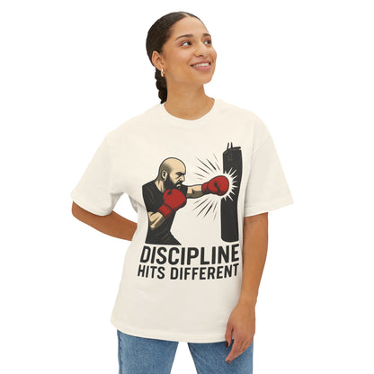 Discipline Hits Different with a Left Jab and Gloves - Spirit Unisex Oversized Tee, Motivational Fitness Shirt, Boxing Apparel, Gym T-Shirt, Gift for Gym Lovers