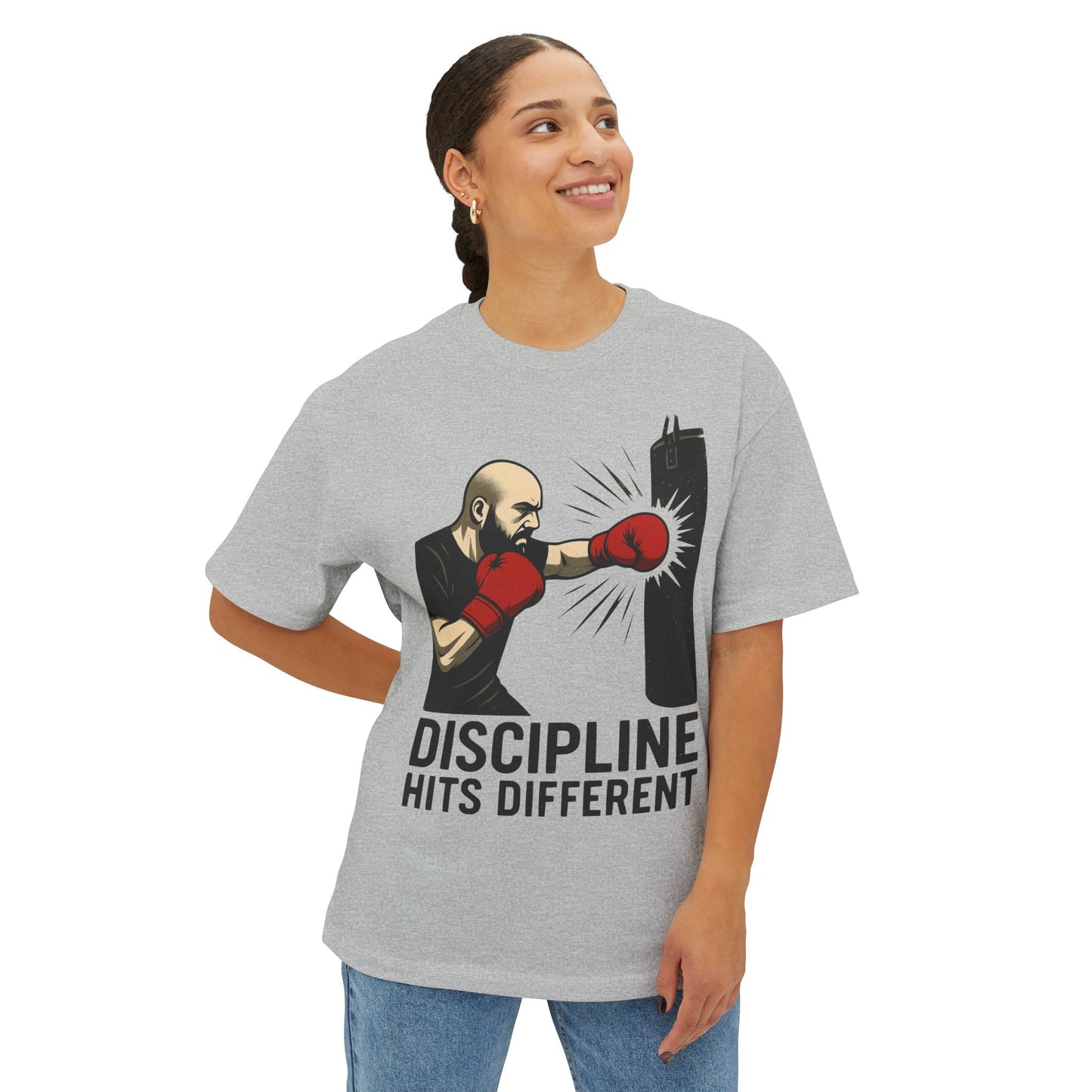Discipline Hits Different with a Left Jab and Gloves - Spirit Unisex Oversized Tee, Motivational Fitness Shirt, Boxing Apparel, Gym T-Shirt, Gift for Gym Lovers