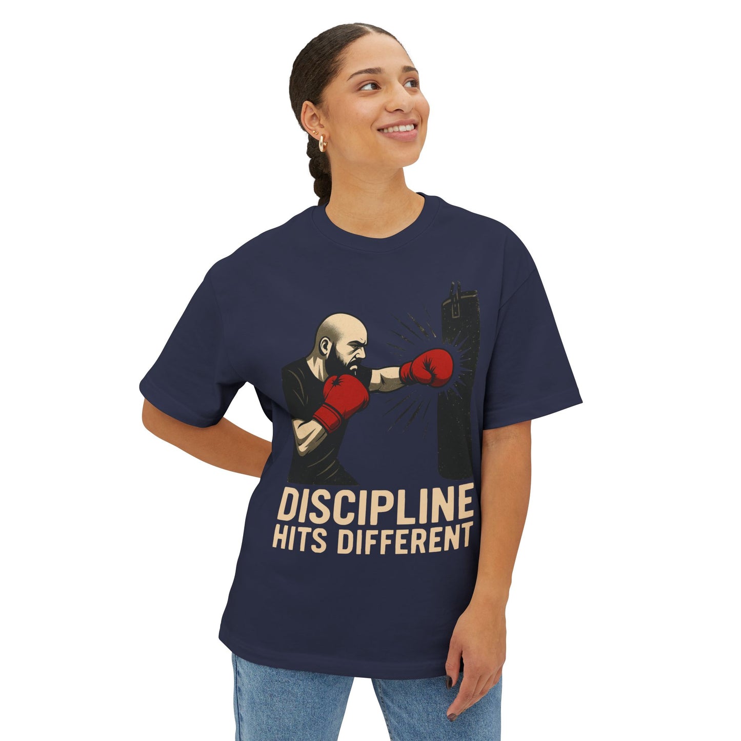 Discipline Hits Different with a Left Jab and Gloves - Spirit Unisex Oversized Tee, Motivational Fitness Shirt, Boxing Apparel, Gym T-Shirt, Gift for Gym Lovers