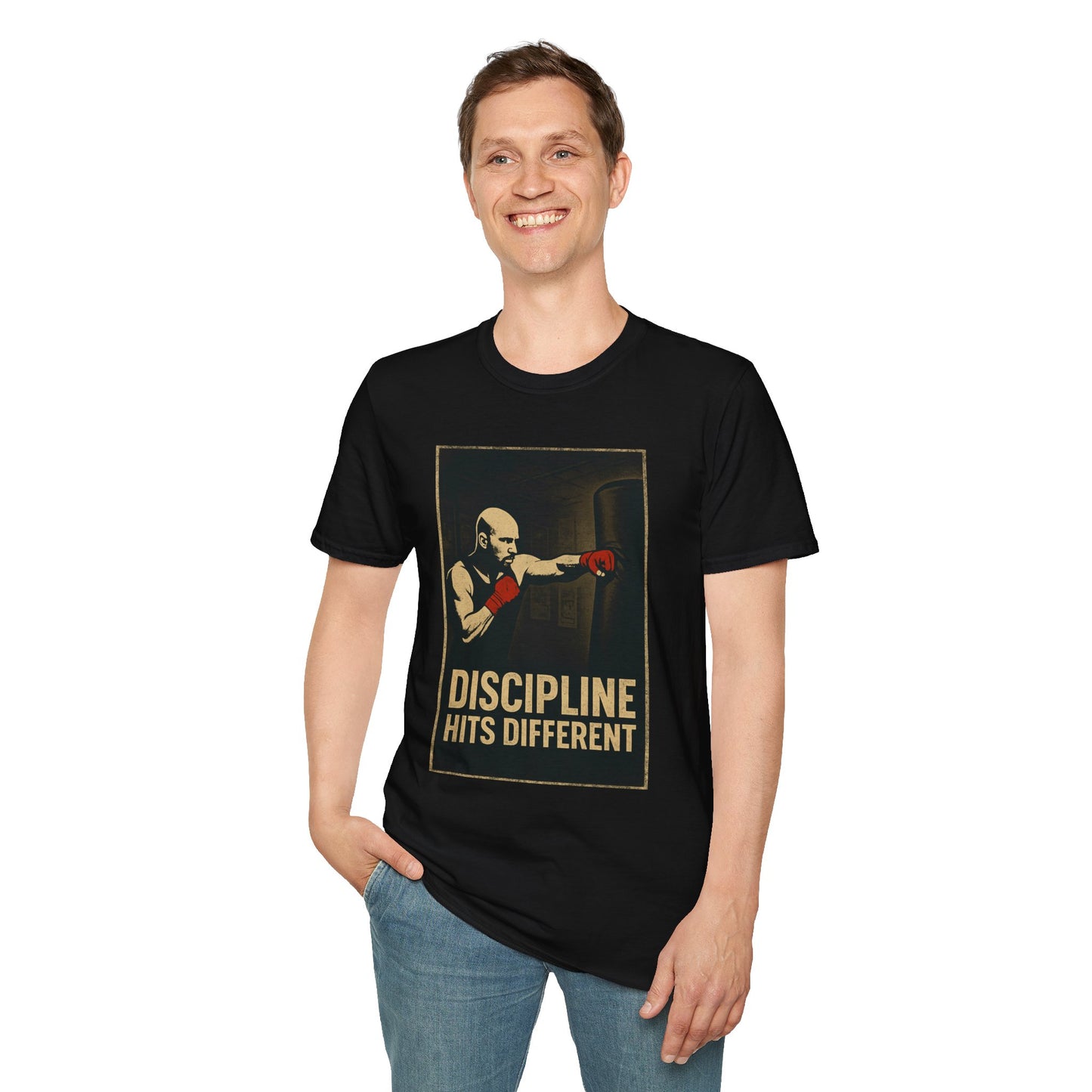 Motivational Unisex Softstyle T-Shirt - 'Discipline Hits Different' - with a Jab
