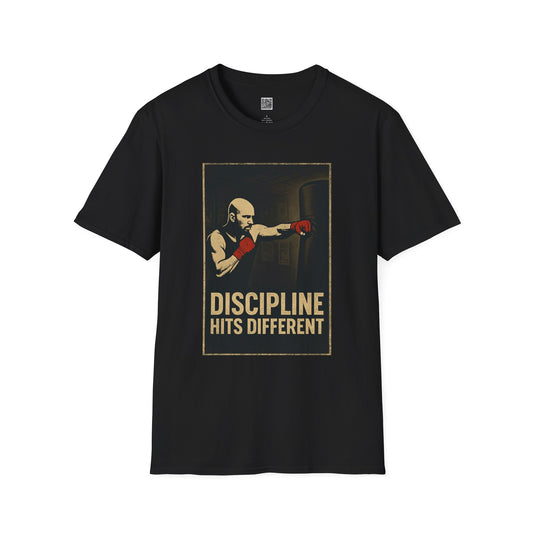 Motivational Unisex Softstyle T-Shirt - 'Discipline Hits Different' - with a Jab