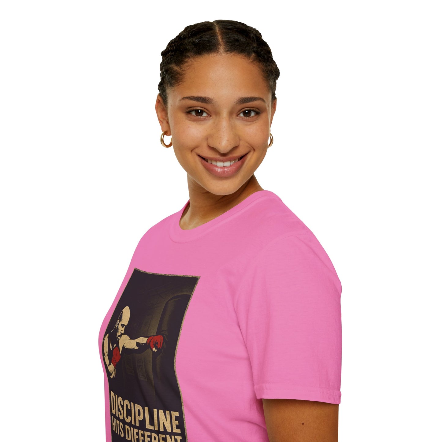 Motivational Unisex Softstyle T-Shirt - 'Discipline Hits Different' - with a Jab