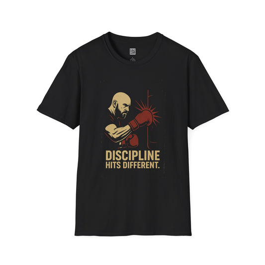 Motivational Unisex Softstyle T-Shirt - 'Discipline Hits Different' - with a Right Hook