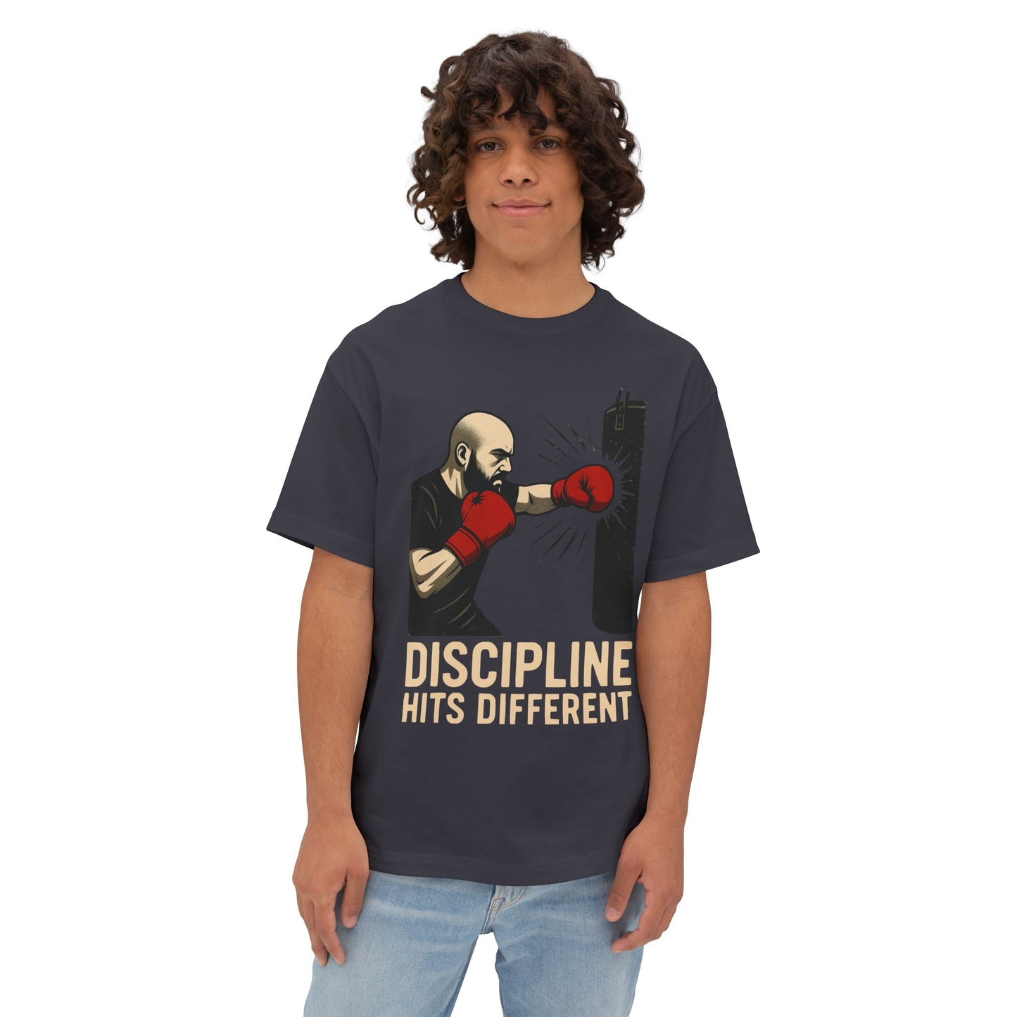 Discipline Hits Different with a Left Jab and Gloves - Spirit Unisex Oversized Tee, Motivational Fitness Shirt, Boxing Apparel, Gym T-Shirt, Gift for Gym Lovers