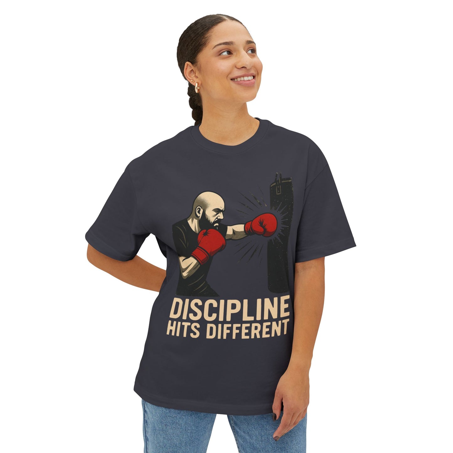 Discipline Hits Different with a Left Jab and Gloves - Spirit Unisex Oversized Tee, Motivational Fitness Shirt, Boxing Apparel, Gym T-Shirt, Gift for Gym Lovers