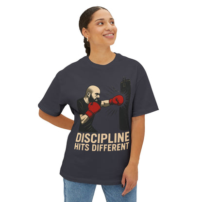 Discipline Hits Different with a Left Jab and Gloves - Spirit Unisex Oversized Tee, Motivational Fitness Shirt, Boxing Apparel, Gym T-Shirt, Gift for Gym Lovers