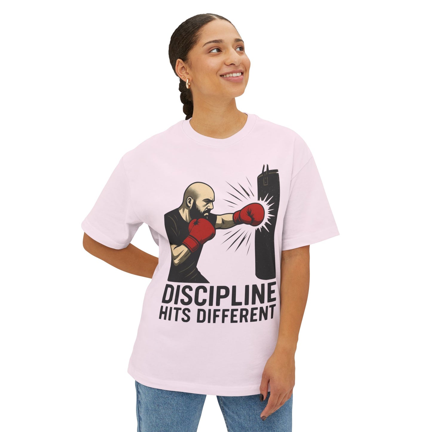 Discipline Hits Different with a Left Jab and Gloves - Spirit Unisex Oversized Tee, Motivational Fitness Shirt, Boxing Apparel, Gym T-Shirt, Gift for Gym Lovers