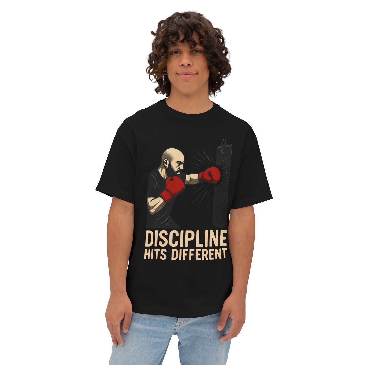 Discipline Hits Different with a Left Jab and Gloves - Spirit Unisex Oversized Tee, Motivational Fitness Shirt, Boxing Apparel, Gym T-Shirt, Gift for Gym Lovers
