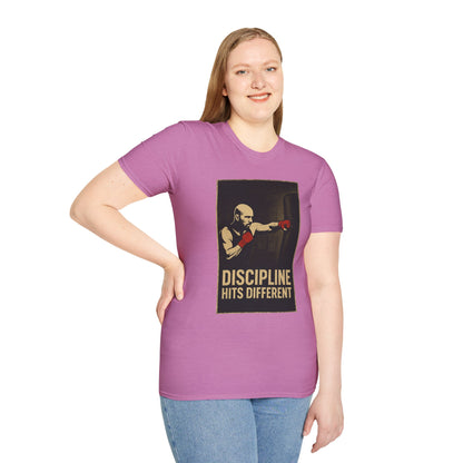 Motivational Unisex Softstyle T-Shirt - 'Discipline Hits Different' - with a Jab