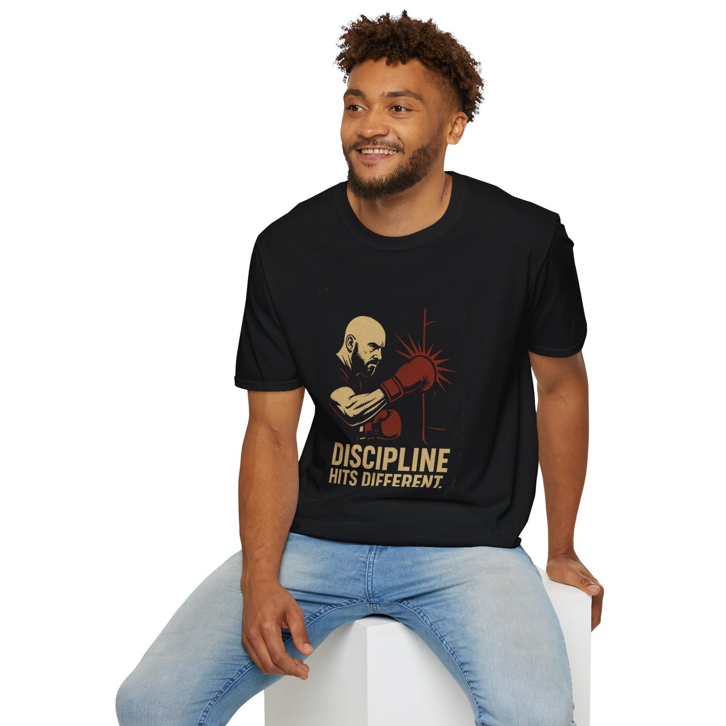 Motivational Unisex Softstyle T-Shirt - 'Discipline Hits Different' - with a Right Hook