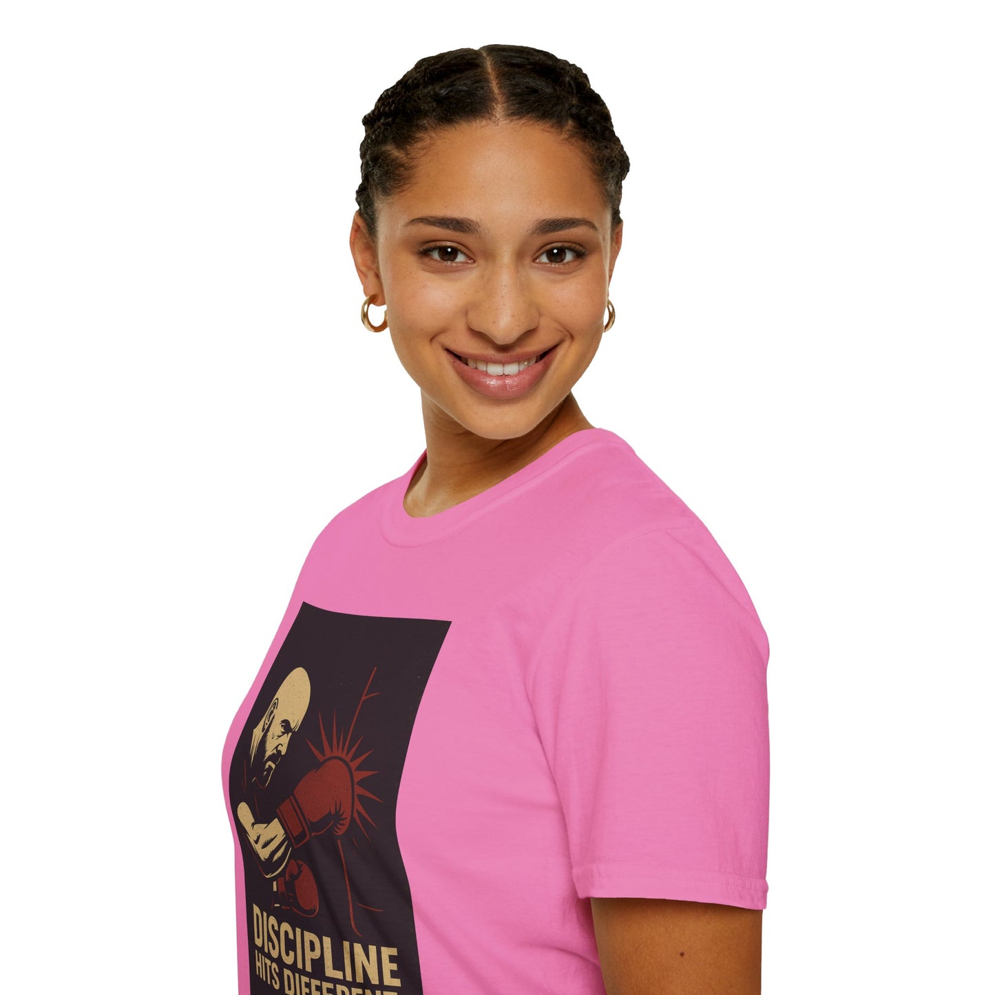 Motivational Unisex Softstyle T-Shirt - 'Discipline Hits Different' - with a Right Hook