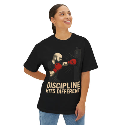 Discipline Hits Different with a Left Jab and Gloves - Spirit Unisex Oversized Tee, Motivational Fitness Shirt, Boxing Apparel, Gym T-Shirt, Gift for Gym Lovers