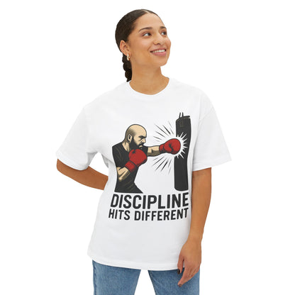 Discipline Hits Different with a Left Jab and Gloves - Spirit Unisex Oversized Tee, Motivational Fitness Shirt, Boxing Apparel, Gym T-Shirt, Gift for Gym Lovers