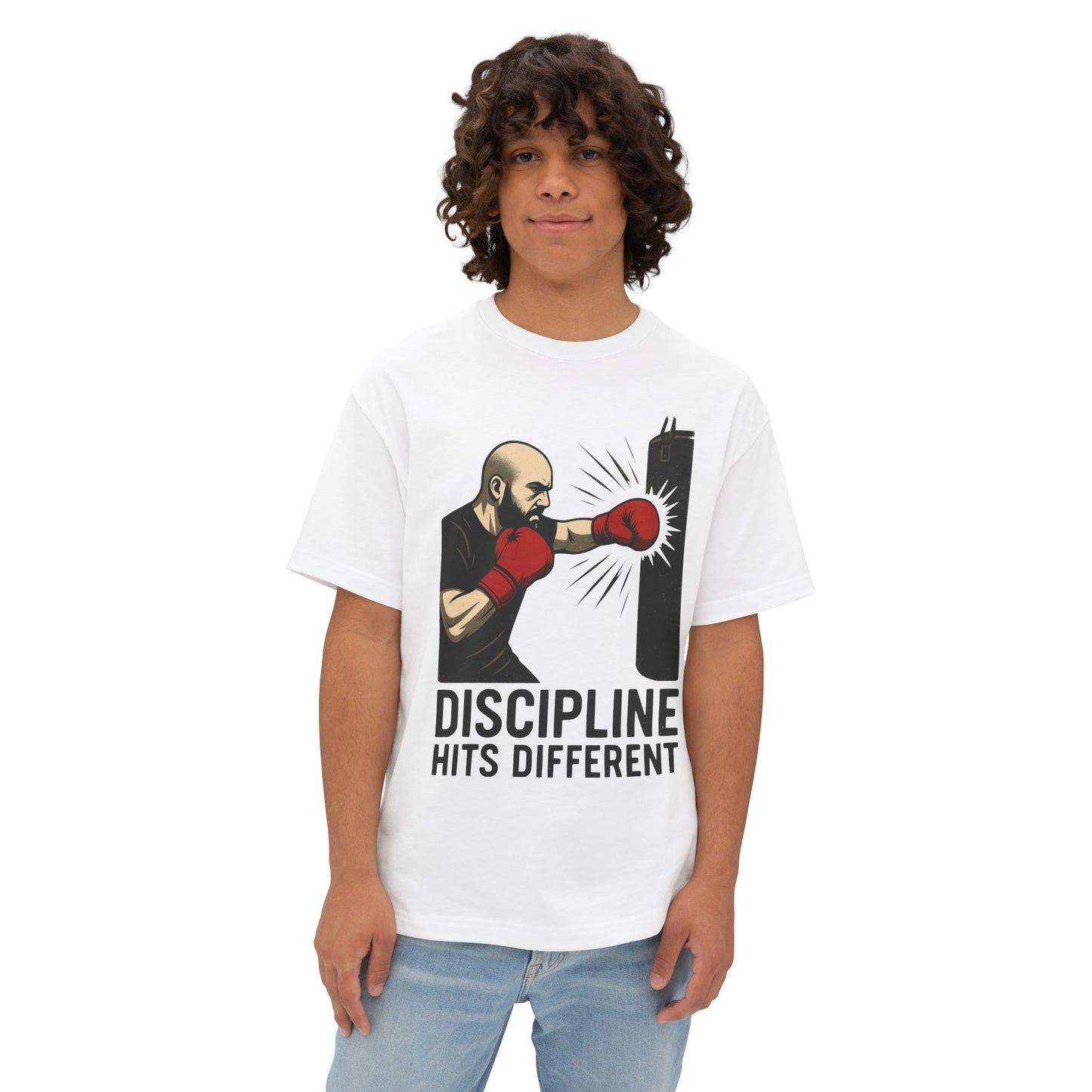 Discipline Hits Different with a Left Jab and Gloves - Spirit Unisex Oversized Tee, Motivational Fitness Shirt, Boxing Apparel, Gym T-Shirt, Gift for Gym Lovers