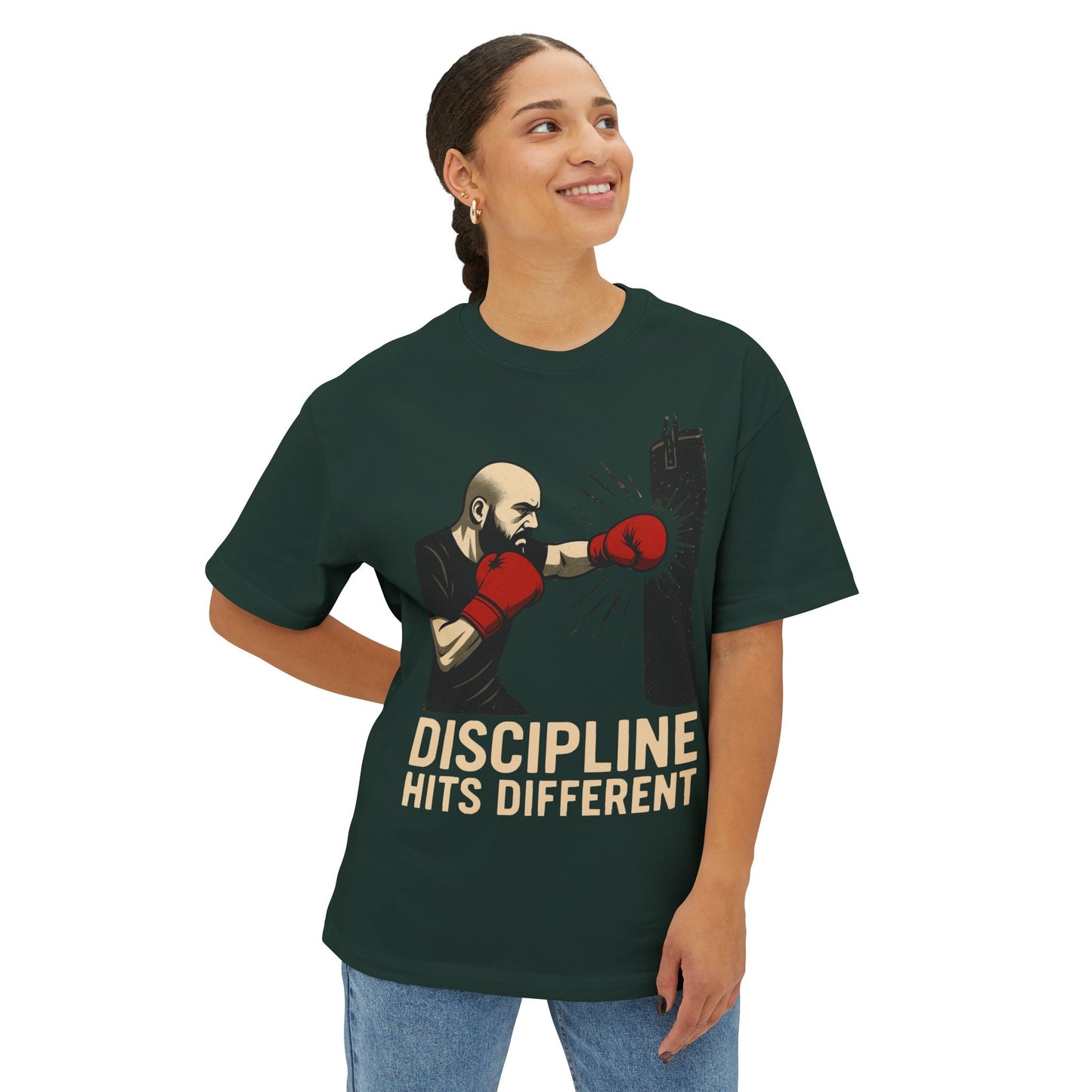 Discipline Hits Different with a Left Jab and Gloves - Spirit Unisex Oversized Tee, Motivational Fitness Shirt, Boxing Apparel, Gym T-Shirt, Gift for Gym Lovers