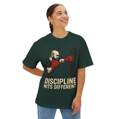 Discipline Hits Different with a Left Jab and Gloves - Spirit Unisex Oversized Tee, Motivational Fitness Shirt, Boxing Apparel, Gym T-Shirt, Gift for Gym Lovers